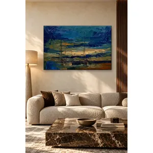 Impression sur toile de voiliers bleu marine dans le port au crépuscule, style palette de couleurs - Product Image 2