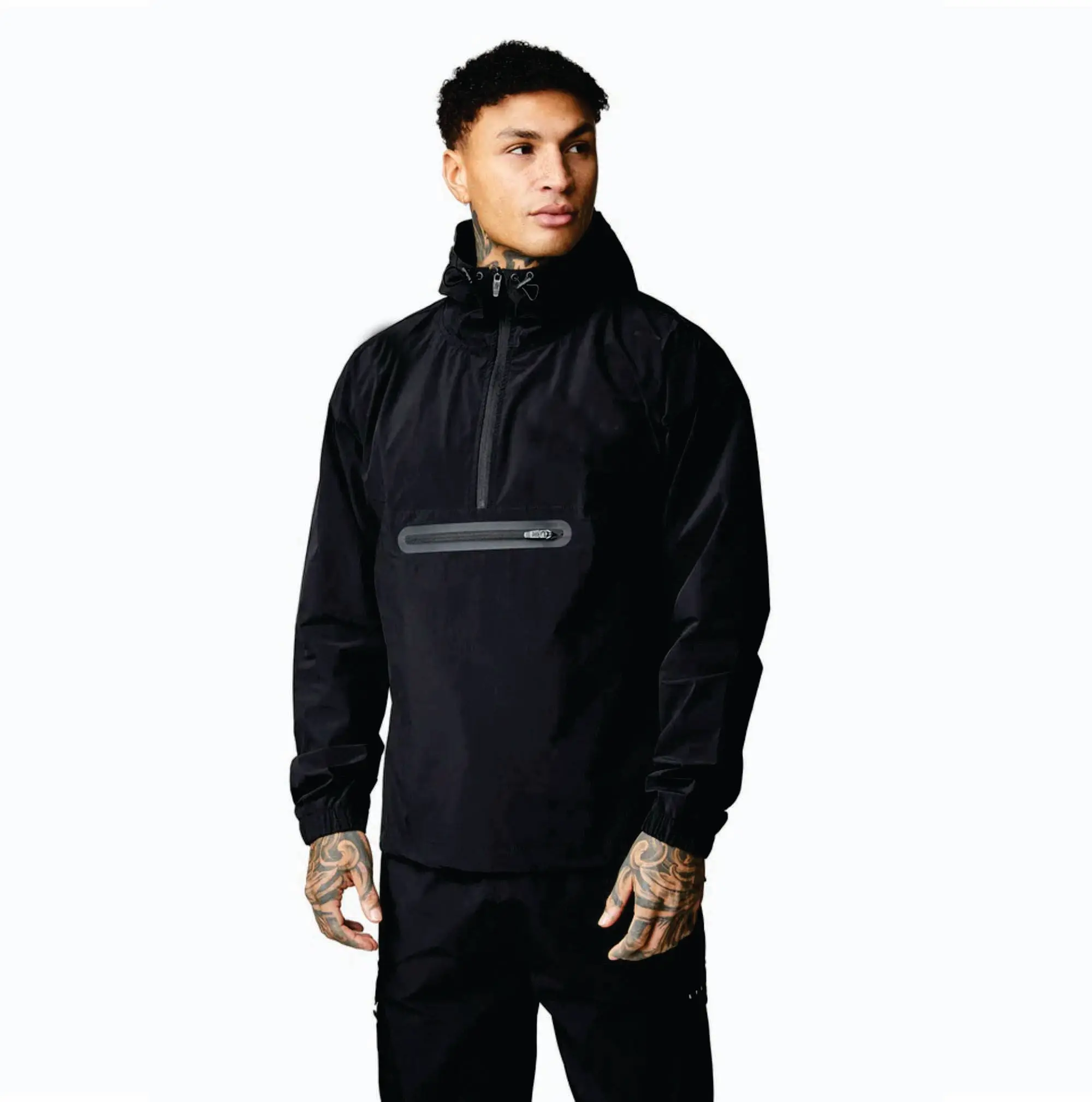 1/4 Zip Rebellion jaket Overhead hitam jaket olahraga Hybrid ringan pria dengan ventilasi jala belakang terbuka