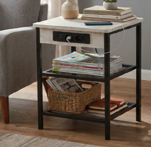 Mesita de noche industrial moderna con superficie de mármol, estructura metálica, estante de almacenamiento de 3 niveles y toma de corriente para muebles de dormitorio - Product Image 5