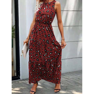 Women's Sleeveless Crew Neck <b>Elastic</b> Waist Patterned Single Jersey <b>Dress</b>, 34960 - Red - Product Image 4
