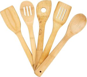 Juego de 5 cucharas de madera de bambú para servir con Soporte redondo para utensilios de cocina de bajo precio - Product Image 4
