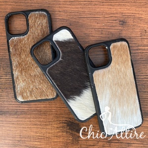 Nouveauté 2024 Étuis de téléphone en cuir de vachette à poils occidentaux Personnalisés Vintage Cuir véritable de luxe Étuis de téléphone 15 Housses de téléphone mobile - Product Image 1