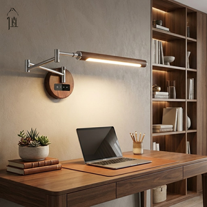 โคมไฟติดผนังลายไม้วอลนัทสไตล์ฝรั่งเศสย้อนยุค แบบเสียบปลั๊ก แขนปรับได้ ใช้เป็นไฟอ่านหนังสือข้างเตียง สำหรับห้องนอน ห้องทำงาน โต๊ะทำงาน - Product Image 1