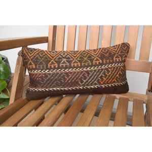 Almohada de lana de retazos Kilim marrón, cojín decorativo de 8x16 pulgadas con patrón de hojas esponjosas Vintage para uso en el suelo - Product Image 1