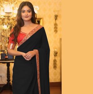 Secuencia de bordado tradicional de Sari de diseñador étnico Georgette elegante de boutique India para fiestas de verano de invierno exclusivas - Product Image 1