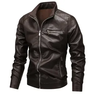 Chaquetas de cuero de PU informales a la moda para hombre, prendas de vestir cálidas para motorista con cuello levantado, estilo atractivo en chaqueta de tela de lona para hombre - Product Image 3