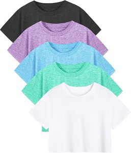 Haut court athlétique à coupe sèche pour femmes à manches courtes col rond t-shirt d'entraînement de yoga respirant avec décoration de logo - Product Image 5