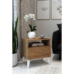White Legged Wooden <b>Nightstand</b> - Side Table with Door and Open Shelf - Product Image 1