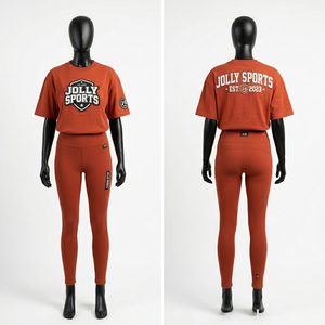 280 GSM Cotton Polyester Women T Shirt Legging Set <b>Rust</b> Brown Puff Print Custom Logo Urban Streetwear Women's Sets - Product Image 3