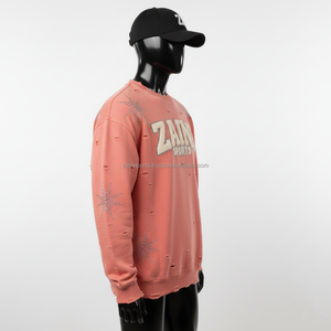 Sweat-shirt pour homme en tissu polaire, couleur pêche, style délavé, design avec strass, broderie de logo personnalisé, sweat-shirts basiques - Product Image 3