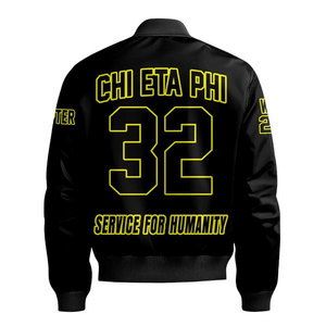 เสื้อแจ็คเก็ตบอมเบอร์สีขาวสำหรับผู้ชายของ Chi Eta Phi พร้อมตัวอักษรสีเขียวและโลโก้ ซิปด้านหน้า เสื้อคลุมกันลมลำลอง - Product Image 5