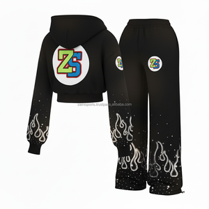 Chándal de lana gruesa con cremallera 380 GSM forro interior suave negro con diseño de llama blanca chándales con impresión de logotipo personalizado de talla grande - Product Image 4