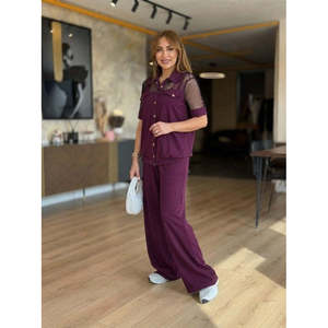Conjunto de Dos Piezas de Chaqueta y Pantalón Modal con Detalles de Malla y Botones, Modelo Kadin Kisa Kollu Yakali Onu, 37679 - Bordo - Product Image 5