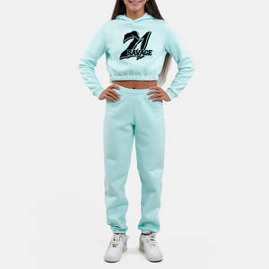 Vente chaude Logo Femmes Hauts à capuche courts en denim délavé de haute qualité Ensembles de vente en gros Vêtements décontractés Respirant Ensembles de sweats à capuche en coton pour filles - Product Image 1