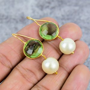 Peridot Quartz & Pearl Round Shape Gemstone Gold Plated 925 Sterling <b>Silver</b> Earring Wire Earrings Gift for Women Wedding Earring - Product Image 1