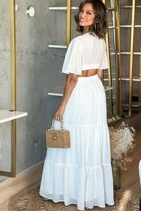 2025 vacances Look nouveau bohème longue élégante col en V vacances demi manches avec des niveaux été décontracté dames blanc Maxi robe - Product Image 2