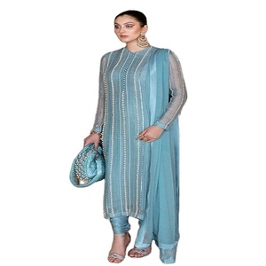 Ensemble Salwar Kameez en lin et tulle brodé de style indien et pakistanais pour filles, robe de style musulman lourd, vêtements fantaisie Kanya - Product Image 1
