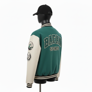 Veste universitaire pour femmes en mélange de laine avec panneaux en cuir PU, logo en chenille personnalisé, design bleu sarcelle et crème, vestes universitaires pour femmes - Product Image 5