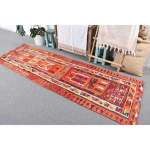 Turkish Kilim Rug 2.9x8.7 ft, <b>Red</b> Orange Check <b>Wool</b> Vintage Rug - Product Image 2