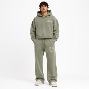 Ensemble de survêtement ONEAPEX SPORTS WEAR pour homme, vert sauge délavé, avec sweat à capuche zippé et pantalon de survêtement large en coton épais, style français - Product Image 5