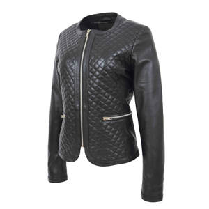 Veste en cuir souple pour femme avec logo personnalisé, sans col, design matelassé décontracté, veste en cuir noir tendance - Product Image 6