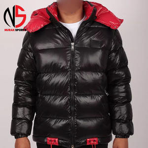 Veste matelassée noire brillante pour homme avec capuche rouge, coupe-vent, doudoune d'hiver chaude et isolée, style streetwear – Collection Homme - Product Image 1