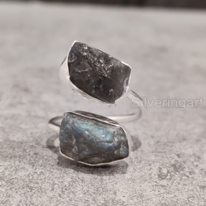 Bague pour femme en pierre brute naturelle, labradorite double pierre, ajustable, en argent sterling 925, pour Noël - Product Image 4