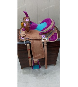 Selle de cheval en cuir de course Western baril peinte à motifs floraux et turquoise rose avec serre-tête et plastron 10 "-18" - Product Image 1