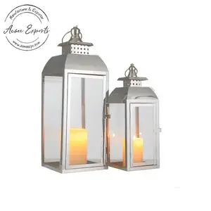 Juego de 2 faroles de acero inoxidable con paneles de vidrio, conjunto hecho a mano, para decoración festiva de rayos al aire libre, venta al por mayor de fábrica - Product Image 1