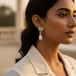 ต่างหูมุกทรงหยดน้ำสีเงินสำหรับผู้หญิง ดีไซน์หรูหรา แฟชั่นจิวเวลรี่ - Product Image 1