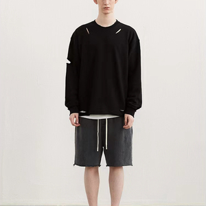 Sudadera de algodón 100% para hombre, estilo vintage, con hombros caídos, roturas, lavado vintage, cuello redondo, tejido francés, estilo urbano, desgastada - Product Image 4