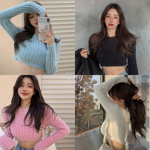 Pelzige Strick pullover Damen O-Ausschnitt Langarm Kurz geschnittene Pullover Tops - Product Image 5