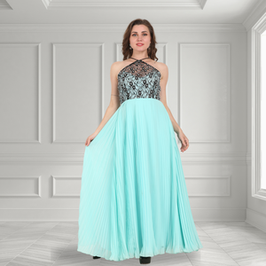 Maxi vestido de lujo hecho a mano Azul Aguamarina adornado con patrón de cuello Halter y textura sedosa para mujer fiesta elegante traje largo - Product Image 4