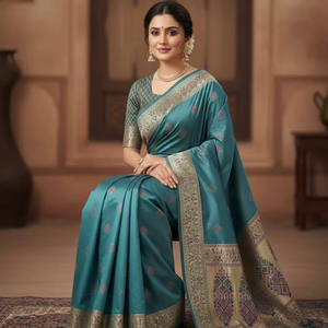 Sari Tradicional de Seda Verde con Bordado Floral en el Pallu - Product Image 1