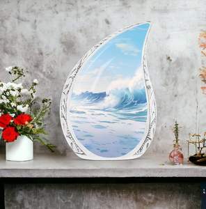 Urna de cremación para adultos en forma de lágrima de Metal con olas del océano de estilo americano, urna decorativa para cenizas, suministros de urnas funerarias al por mayor - Product Image 3