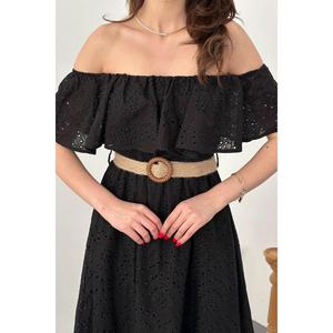 Black Off-Shoulder Broderie Anglaise <b>Dress</b> - Black - Product Image 4