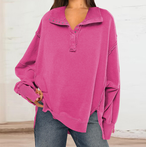 Sudaderas con capucha con diseño de abertura para mujer French Terry personalizadas, camisas con cuello vuelto y botones, color liso, manga larga - Product Image 6