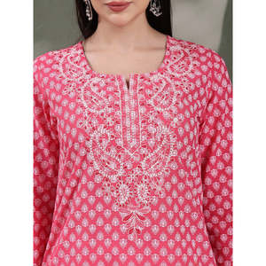 Women's Floral Embroidered Cotton Straight Kurtas Breathable Poplin Women's <b>Tops</b> for <b>Festive</b> Season Size XL - Product Image 2
