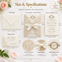 Ensemble d'invitations de mariage personnalisées découpées au laser avec pochette en dentelle, monogramme doré, carte RSVP, ruban en satin et enveloppe – Vente en gros Fabricant