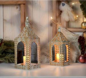 Vintage Gold Metal <b>Moroccan</b> Arch <b>Lantern</b> with Intricate Pattern Warm Candle Glow Ideal for Festive Home Decor and Gifting - Product Image 2