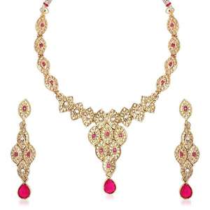 Kriaa Gold Plated <b>Necklace</b> Set with <b>Pink</b> Drop Austrian Stone 1100529 Fashion Jewelry Set - Product Image 1