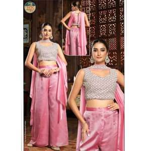 Conjunto de Traje Palazzo Rosa de Diseño Indo-Occidental para Mujer con Top Corto Bordado y Dupatta para Fiestas y Bodas - Product Image 1