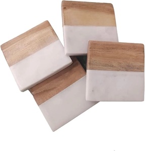 Marble Wood Square <b>Coasters</b> Set of 4 | Modern Home Decor | White Marble and Acacia <b>Coasters</b> | Luxury Gift <b>Drink</b> <b>Coasters</b> - Product Image 1