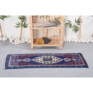 Vintage Ethnique Bleu Violet Patchwork Laine Tapis 1.4x3.7ft Boho Classique Rectangle Couloir Puzzle Conception À La Main Viscose Latex - Product Image 1