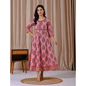Pink <b>Boho</b>-Elegant Butta Block Printed Cotton <b>Dress</b> Casual Office Lady <b>Summer</b> Sexy with Breathable Buttons Natural Waistline - Product Image 4