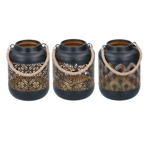 Farol decorativo de hierro con diseño floral calado y asa de cuerda de yute para una iluminación ambiental cálida, decoración elegante para interiores y exteriores. - Product Image 3