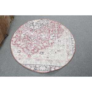 Turkish Vintage Rug 3.2x3.2 ft <b>Red</b> Ombr <b>Wool</b> Patchwork Eco Friendly Latex Backing - Product Image 1
