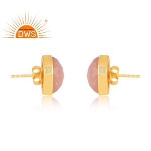 Meilleure qualité argent sterling 925 plaqué or 18 carats pierre naturelle pêche lune pierre gemme boucle d'oreille demi fabricant de bijoux fins - Product Image 3