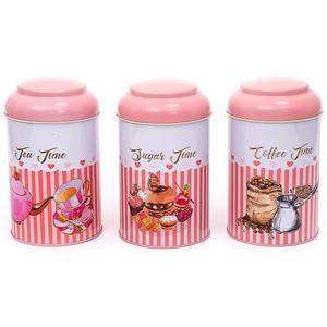 Ensemble de boîtes de rangement rondes en métal de diamètre 105x150mm (lot de 3) couvercle en dôme fond rose arrose Design - Product Image 1