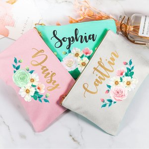 Personalized Cotton Canvas <b>Makeup</b> <b>Case</b> with Rose Embroidery Portable and Zipper Closure Wedding or Birthday Gift - Product Image 5